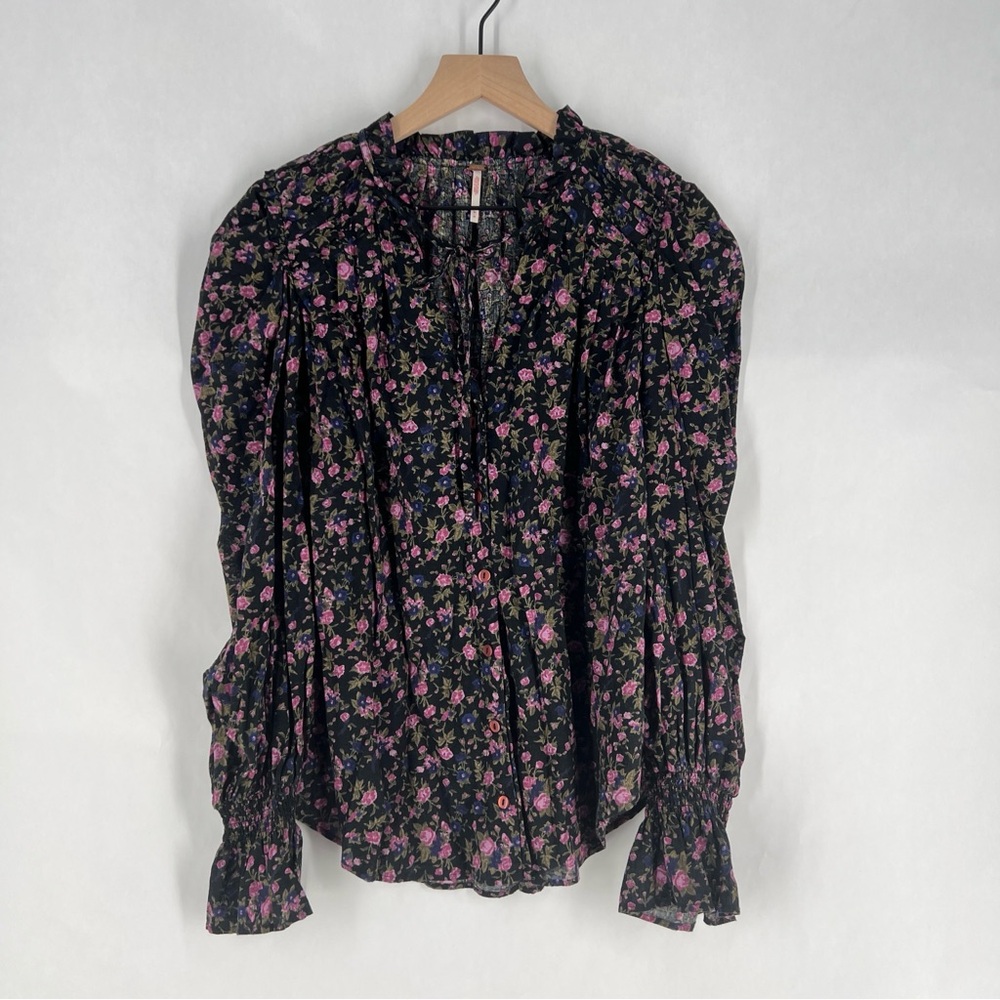 Free People Meant To Be Black Floral Print Full Mutton Sleeve Peasant Blouse M